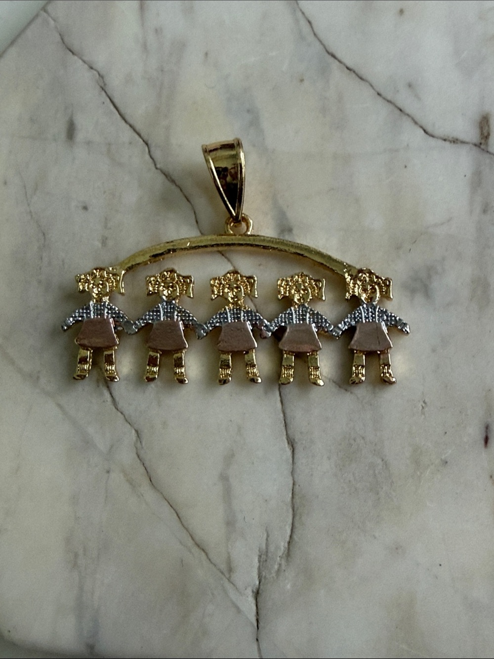 Gold plated Multi-Girl Pendant Necklace - Gold, Silver Accents